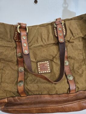 Anthropologie CAMPOMAGGI Italy Canvas Leather Teodorano Studded Tote Crossbody